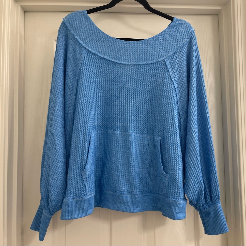 Women’s Free People We The Free Westend Waffle Knit Long Sleeve Top Blue Sz S - Picture 4 of 9